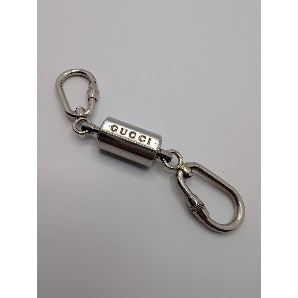 Gucci Double Carabiner Keychain Cylinder Logo Silver Tone Made in Italy - Picture 2 of 6